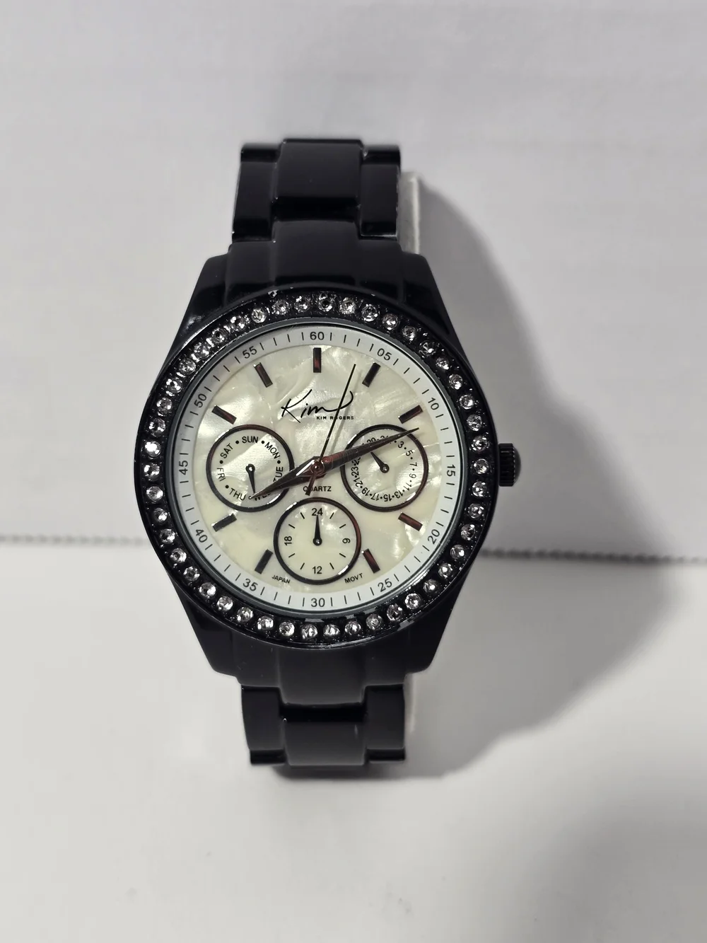 Kim Rogers Multifunction Black Link Watch with Rhinestone Bezel & MOP Dial.
